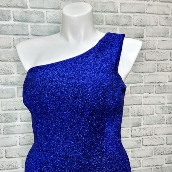 Vince Camuto 12 Blue Shimmery One Shoulder Sheath Cocktail Event Dress Side Slit - Picture 2 of 8